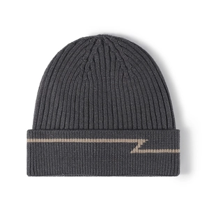 Winter knitted beanie in charcoal gray with warm ribbed texture and khaki geometric stripes