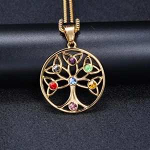 Close-up of golden Viking Tree of Life pendant featuring seven colorful zircons on a black bar
