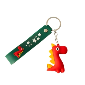 Cute red dinosaur cartoon keychain with dark green silicone wrist strap and silver metal ring