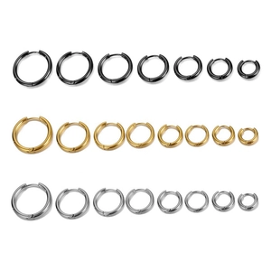 Polished stainless steel hoop earrings in black, gold, and silver finishes, eight sizes set