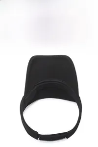 Detail of black open top sun visor featuring breathable mesh fabric and adjustable velcro strap