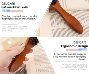 Detailed view of ergonomic wooden beard brush with soft bristles and hanging hole design