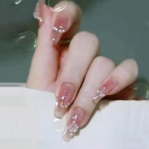 Ombre Pink Press On Nails Long Coffin Fake Nails With 3D Camellia Flower Artificial Pearl Rhinestone Decoration For Women
