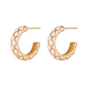 Minimalist gold and white enamel C-shaped earrings with classic checkered pattern