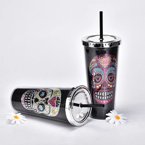 Double-layer black glitter tumblers with rhinestone skulls and straws for Halloween