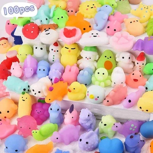 100pcs bulk pack of colorful mochi squishies in various cartoon animal and fruit shapes