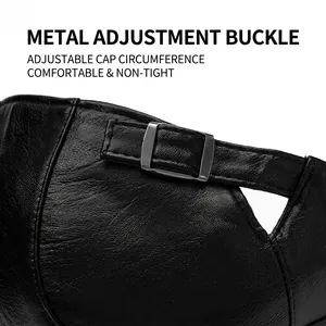 Classic black leather newsboy cap with adjustable metal buckle for a custom fit