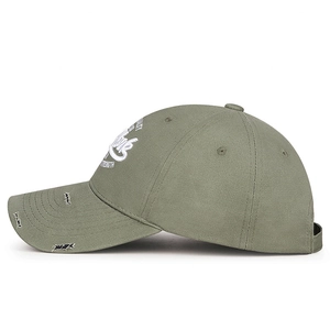 Distressed army green baseball cap with side 3D letter embroidery in street style