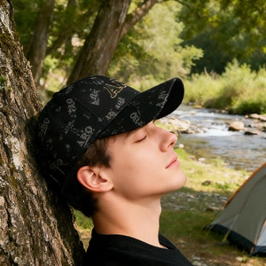 Casquette de baseball à broderie dorée et imprimé monogramme dans un décor de camping