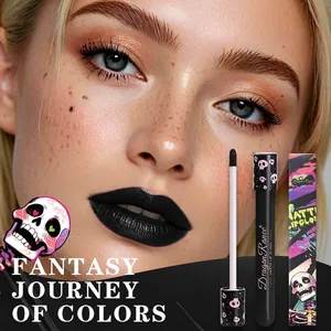 Matte black lip gloss set with skull design packaging for gothic creative makeup looks