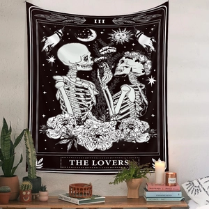 Detail of tarot skeleton lovers tapestry with roses for bohemian bedroom wall decor