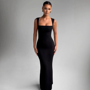 Elegant black slim fit maxi dress featuring a square neck and sleeveless design