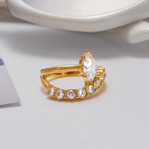 Double layer 18K gold plated stainless steel ring with marquise and round cubic zirconia