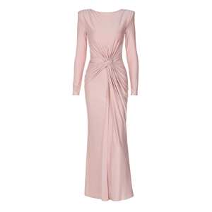 Detailed view of twist knot waist design and soft pleats on pink long-sleeved dress