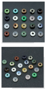 Detailed macro view of assorted natural crystal and agate donut beads for DIY jewelry making