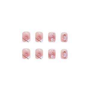 Pink gradient short square fake nails with white camellia flowers and gold stripes