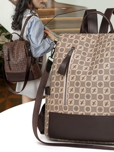 Classic vintage printed backpack in brown and beige with large capacity for travel