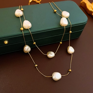 Layered Titanium Stainless Steel Artificial Baroque Pearl Necklace French Elegant Clavicle Chain For Women Fashion Jewelry