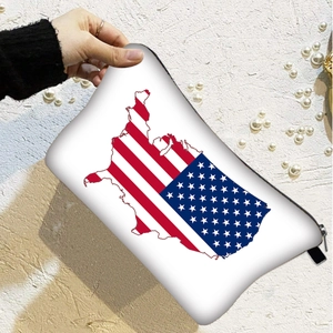 Portable cosmetic bag with American flag map pattern and black zipper closure