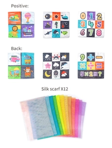 Educational baby tissue box toy with 12 colorful silk scarves and double-sided learning cards