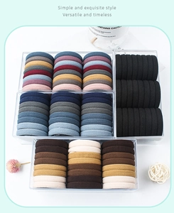 Close-up of seamless high-elastic hair ties in various colors with acrylic storage case