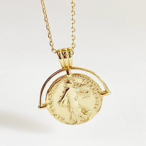 925 Sterling Silver Gold Plated Coin Necklace Featuring French Republic Marianne Portrait
