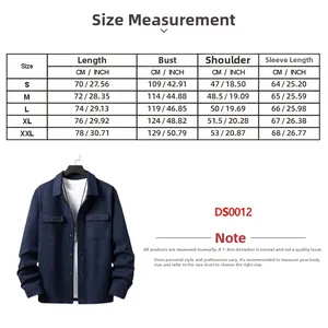 Detailed size chart for men's corduroy lapel jacket ranging from size S to XXL