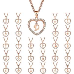 Heart Letter Pendant Necklace Copper Rhinestone Encrusted Alphabet Clavicle Chain For Women Vintage Jewelry