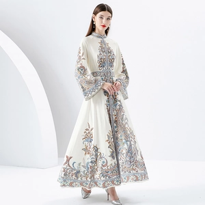 Floral paisley print long maxi dress with stand collar and vintage flared sleeves