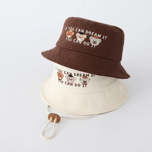 Kids Bucket Hat Cotton Canvas Sun Protection Wide Brim Cartoon Bear Embroidery With Adjustable Windproof Rope Flat Top