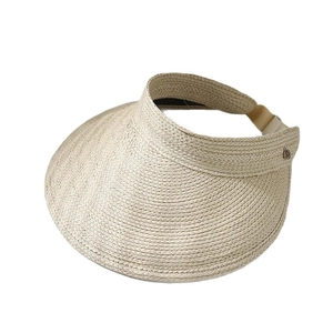 Straw open top sun visor hat for women with wide brim and elastic back strap in beige