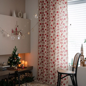 Christmas Curtains Cotton Linen Blend With Tassels Festive Red Candy Print For Kitchen Bedroom Home Decor