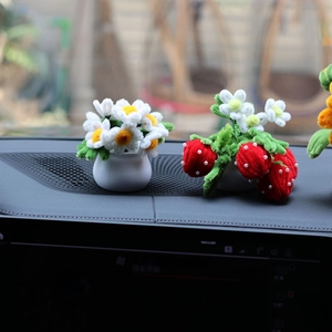 Handmade plush daisy and strawberry car dashboard ornaments with white bead details