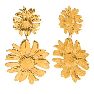 Schicke 18K vergoldete Edelstahl Sonnenblumen-Ohrstecker mit doppellagigem Blumen-Design