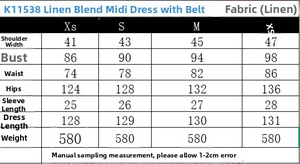 Size chart showing measurements for the linen blend midi dress with belt detail
