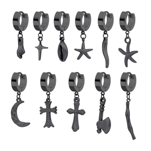 Set of 11 black stainless steel hoop earrings featuring cross, moon, and star charms