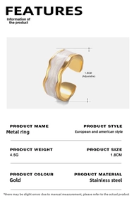 Detail showing wave-edge gold stainless steel ring with white inlay, weight and size info