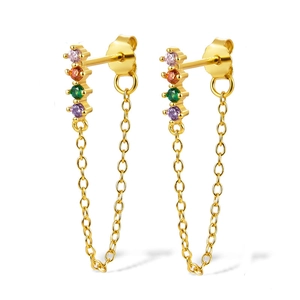 Detail of 18K gold S925 silver earrings with colorful zircon stones and delicate tassel chain