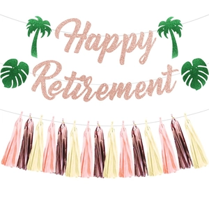 Happy Retirement Banner Rose Gold Glitter Paper Palm Tree Monstera Leaves PVC Tassel Garland Summer Tropical Decor