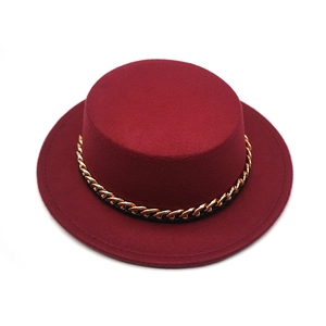 Flat top burgundy wool felt boater hat featuring a stylish gold chain band decoration