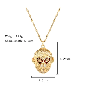 Detailed size parameters for golden monkey head necklace featuring full crystal pavé