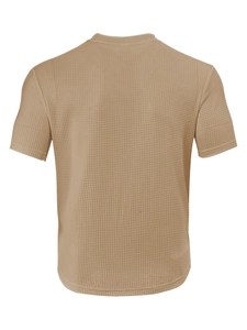 Detailed back view of waffle knit t-shirt showing honeycomb fabric texture in khaki