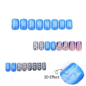 3D ocean blue ocean wave press-on nails with star rhinestones and spiral textures