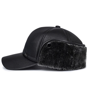 Winter men's faux leather baseball cap with ear flaps and warm faux fur lining