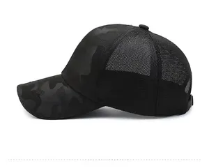 Detail view of the breathable mesh back and black camouflage fabric on a sports cap