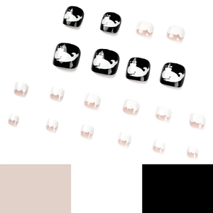Cartoon whale toe press-on nails set in black and white with 20 pieces design