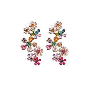 18k gold plated floral earrings with colorful crystal rhinestones on white background
