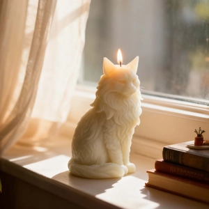Artistic cat-shaped aromatherapy candle with detailed fur texture on a sunny windowsill