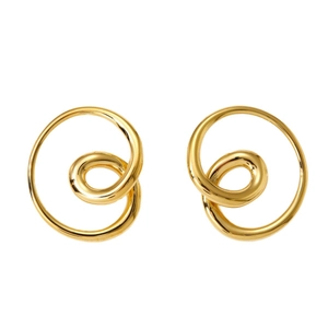 Minimalist twisted double hoop earrings in polished gold stainless steel on white back