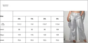 Detailed size chart for metallic silver wide leg trousers including 0XL to 3XL measurements